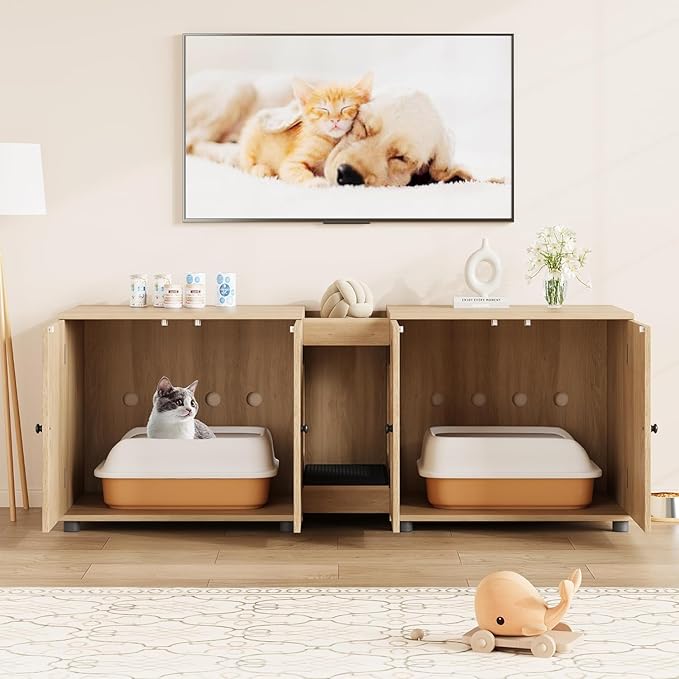 GarveeHome Large Cat Litter Box Enclosure Furniture, 55.1" Double Litter Cabinet for Two Cats with Hidden Design, Rattan Door Cat Box House with Storage, Wood, Rattan Door