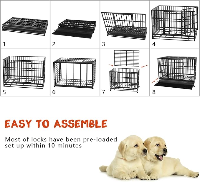 LEMBERI 48 Inch Heavy Duty Indestructible Dog Crate, Escape Proof Double Door Dog Kennel with Lockable Wheels, High Anxiety Extra Large Dog Cage Indoor Use, with Removable Tray