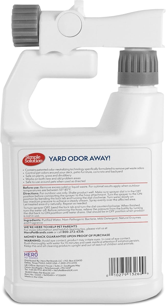 Simple Solution Yard Odor Eliminator Spray, Outdoor Pet Odor Remover, Lawn Deodorizer, Dog Urine Neutralizer, Enzyme Cleaner for Artificial Grass, Kennels, Patios, Decks, and Backyard Surfaces, 32oz