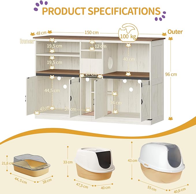 Double Cat Litter Box Enclosure for 2 Cats, Cat Cabinet with Large Storage Space, Hidden Litter Box with Scratch Pad, Farmhouse Cats House, TV Stand End Table, Rustic Brown and White CB97014X