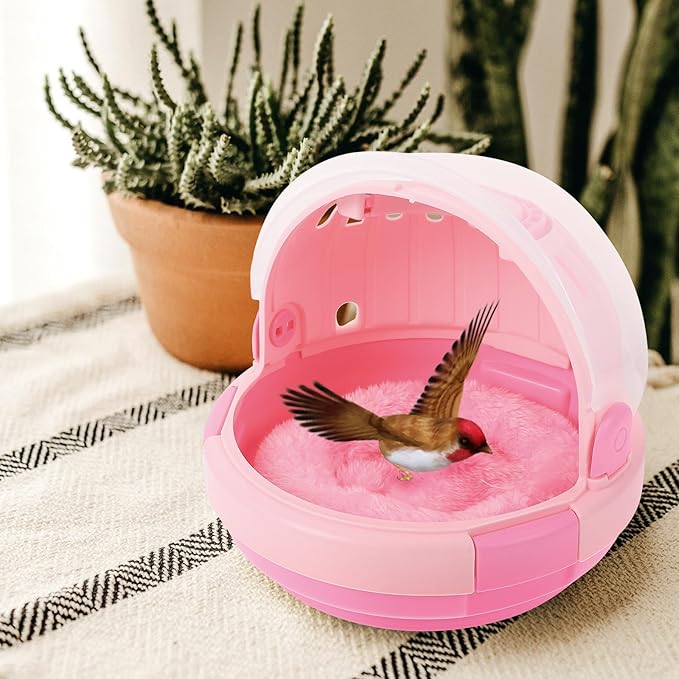 Toyvian Portable Parrot Cage Handheld Travel Carrier with Pink Warm Nest and Cushion, Bird Sleeping Bed for Outdoor Use, Lightweight Pet Bird Carrier for Small Parrots and Parakeets