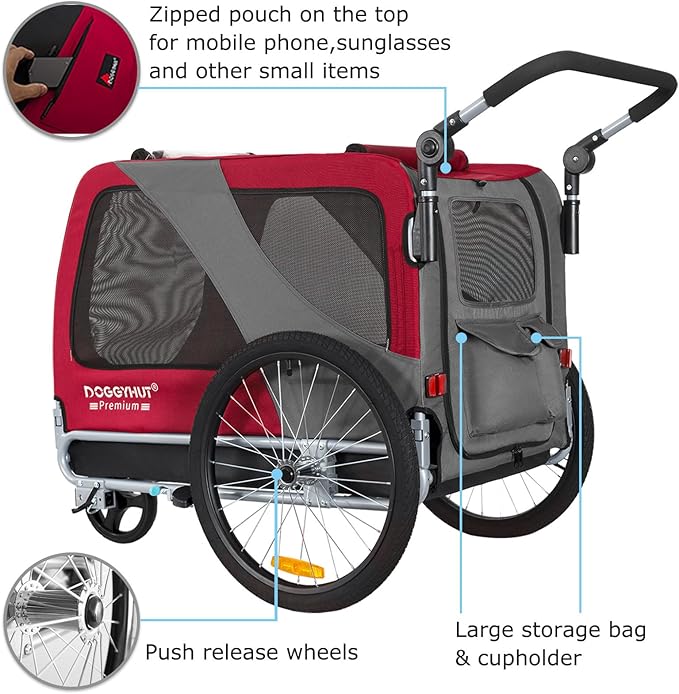 DOGGYHUT® Premium Large/XL Pet Bike Trailer & Stroller for Large Sized Dog or Multiple Small Dogs,Low Center of Gravity,Parking Brakes,Easy Folding Frame,Bicycle Carrier
