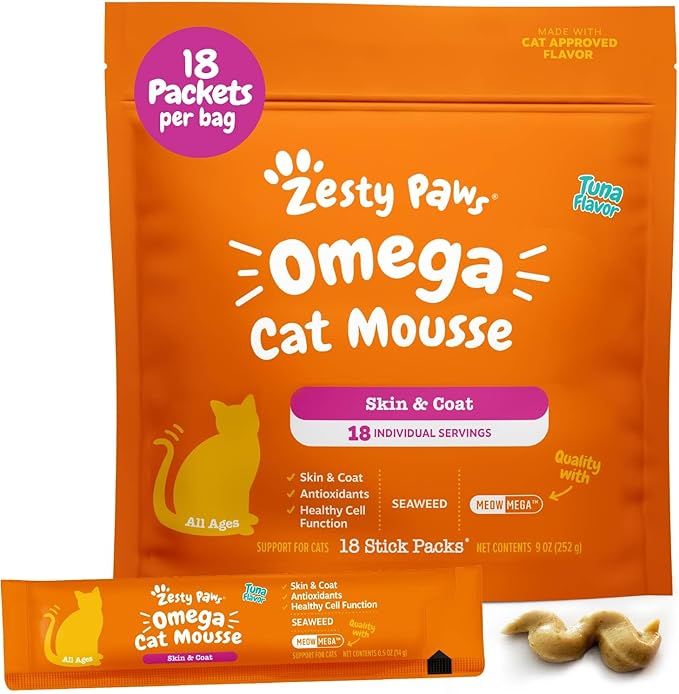 Zesty Paws Omega Cat Mousse Squeezable Cat Treats - with Seaweed, Omega Fatty Acids, Antioxidants Vitamins & Minerals - Skin & Coat Support for Cats - Tuna Fish Flavor - 18 Count (Pack of 2)