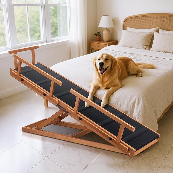 Dog Ramps for Beds, 64" Long Foldable Pet Ramps for Large Dogs, Portable Wooden Dog & Cat Ramps for Couch, Furniture-Grade Dog Step Adjustable Height W/Non Slip Mat & Safety Side Rails
