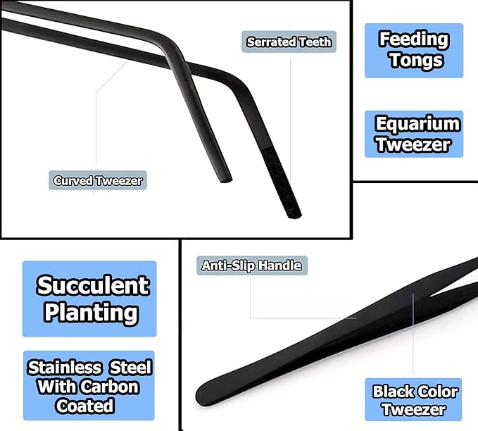 G.S Aquarium Tweezers Stainless Steel Straight and Curved Tweezers Set for Fish Tank Aquatic Plants Long Handle Reptile Feeding Tongs,10.5 inch Black