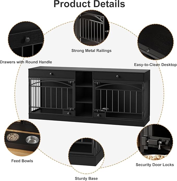 GAOMON Dog Crate Furniture for 2 Dogs, 78.7'' Large Dog Kennel Indoor with 2 Storage Drawers, 3 Shelves and Feeding Bowls, Double Dog Crate TV Stand for Small and Medium Dogs, Black