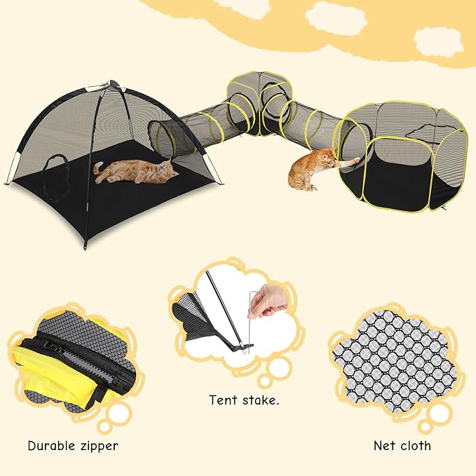 VINGLI Cat Tunnel, Outdoor Cat Enclosure, Large Catio, Outdoor Tunnels for Kittens with Storage Bag (Black&Yellow, 5 in 1)