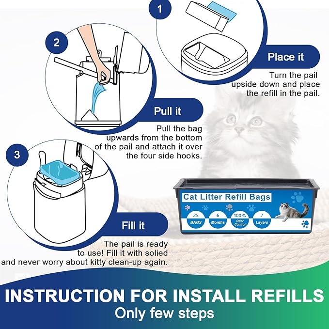 Cat Litter Refill Bags Compatible with Genie Easy Roll Bin, 7-Layer Odor Control, Leak-Proof & Easy Tear, Unscented, 2-Pack (50 Bags Total)