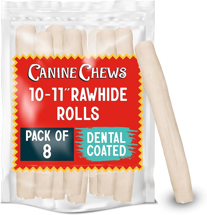 Canine Chews 10-11" Dental Coated Jumbo Rawhide Retriever Rolls (8 Pack) - Breath Freshening & Long Lasting Dental Chews for Dogs Large Size - Teeth Cleaning Dog Treats for Aggressive Chewers