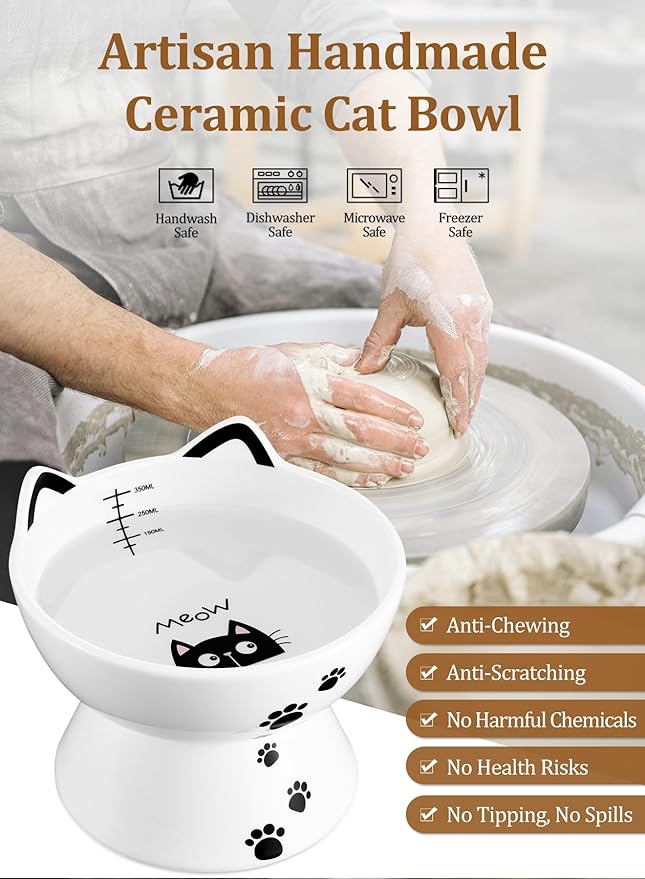 Yedio Porcelain Raised Cat Bowl, No Spill Cat Water Bowl with Anti Slip Band, Elevated Porcelain Pet Bowl Protect Pet's Spine, Large Capacity Pet Water Bowl, 15 oz, Dishwasher Safe