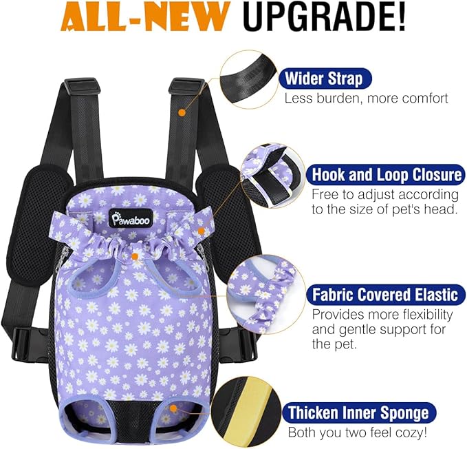 Pawaboo Pet Carrier Backpack, Adjustable Pet Front Cat Dog Carrier Backpack Purse Travel Bag, Legs Out, Easy-Fit for Traveling Hiking for Small Medium Dogs Cats Puppies, XL, Black & Purple Daisy