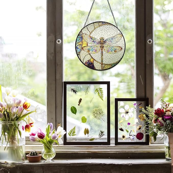 Dragonfly Suncatcher Stained Glass Window Hanging Decor - Vibrant Nature-Inspired Sun Catchers for Indoor Windows, Garden or Living Room, Unique Gift for Women, Housewarming & New Home Decoration