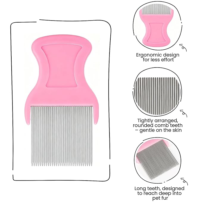 5 Pack Flea & Lice Comb Set for Cats, Dogs & Kids – Stainless Steel Fine Tooth Nit Comb Kit with Double-Sided Tear Stain Remover, Grooming Brush & Peine para Piojos for Thick Hair (Pink)