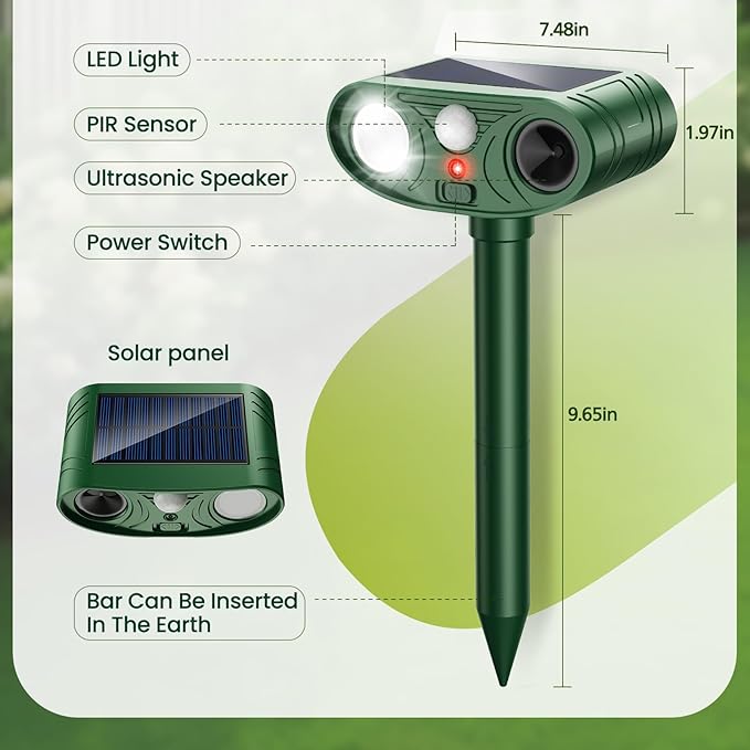 2026 Upgraded Solar Ultrasonic Animal Repellent Outdoor Deer Cat Repellent with Motion Sensor Flash Light,IP65 Waterproof Repeller Keep Rodent Squirrel Raccoon Opossum Skunk Out of Yard Farm (2)