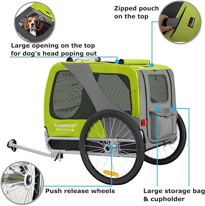 DOGGYHUT® Premium Large Pet Bike Trailer for Medium or Large Dog, Up to 78 lbs,Dog Bicycle Carrier,Low Center of Gravity,Easy Folding Frame