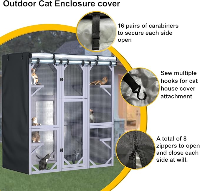 Outdoor Cat House Cover 63" L x 33" W x 70" H - 600D Waterproof Protective Cover for Large Cat Catio Enclosures, Full Coverage Protection, Secure Fit (Cover Only)