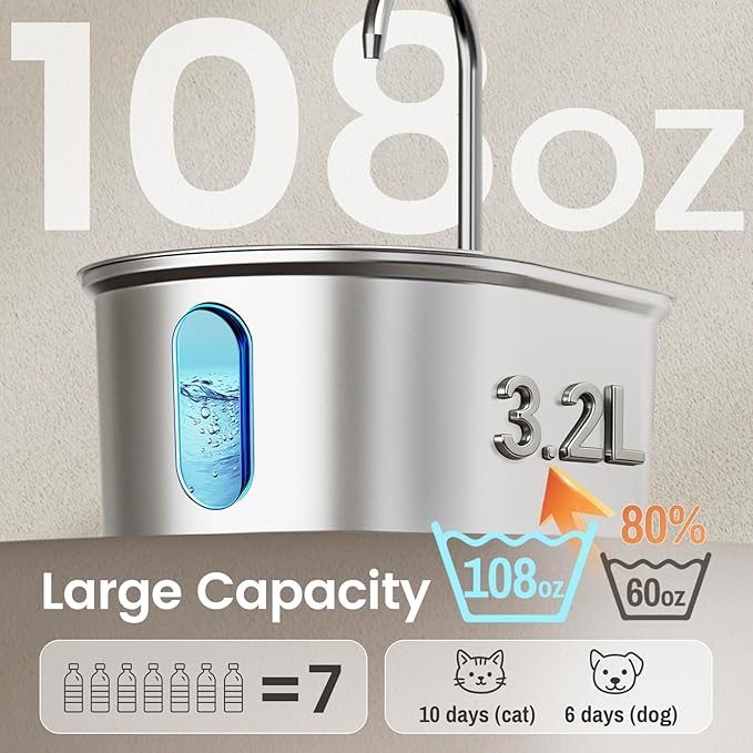 Stainless Steel Cat Water Fountain, 108oz/3.2L Automatic Pet Water Dispenser with Ultra-Quiet Pump, Safe Auto Shut-Off & Water Level Window for Cats and Dogs Indoors - Includes 1 Filter