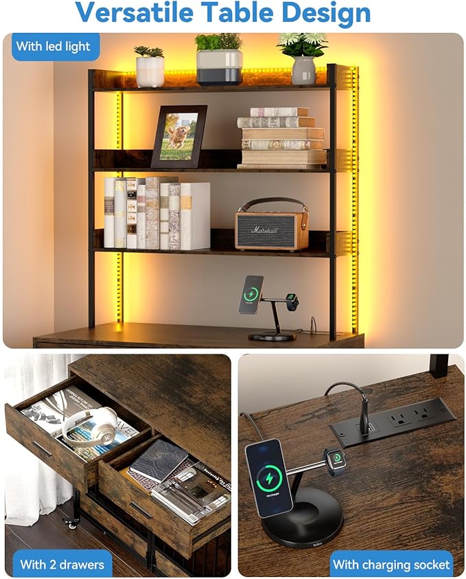 Petrova 39" Dog Crate Furniture for 1 Dogs, Heavy Duty Indoor Dog Kennel for Small/Medium Dogs, Wooden Dog Cage with 2 Storage Drawers, Charging Station, LED Light, Lockable Wheels, Brown