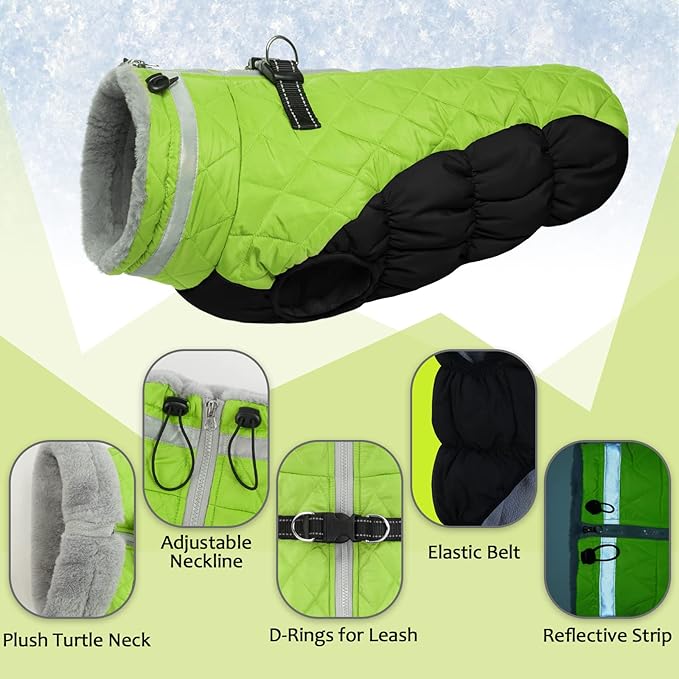 Lelepet Dog Coat Warm Dog Winter Coat Waterproof Dogs Jacket with Harness Built in Reflective Pet Fleece Vest Zip-Up Cold Weather Coats for Small Dogs Turtleneck & Windproof Coats Chihuahua Lime XS