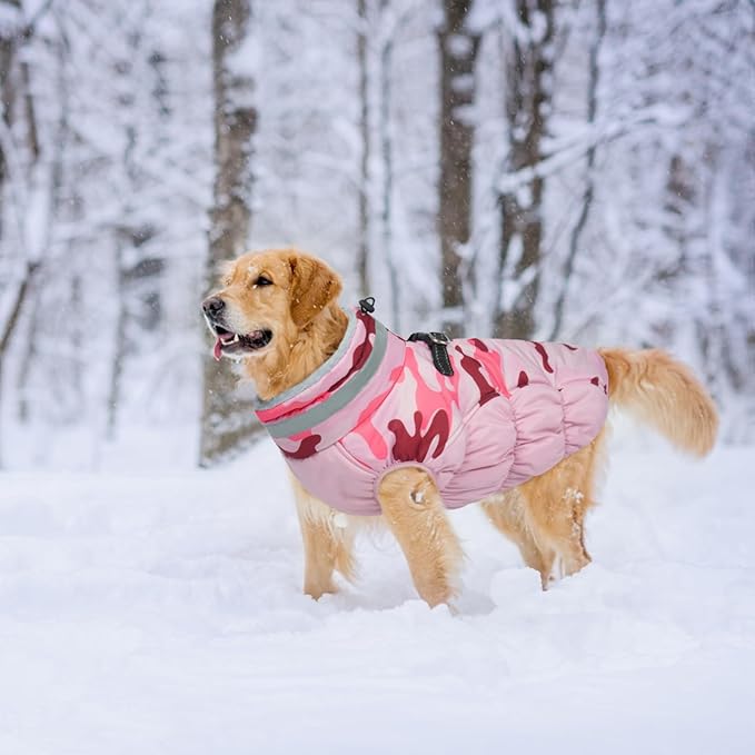Lelepet Warm Dog Winter Coat Dog Coats for Medium Dogs Waterproof Dogs Jacket with Harness Built in Reflective Cold Weather Coats Windproof Zip-Up Winter Fleece Vest Snowsuit Dachshund Pink Camo