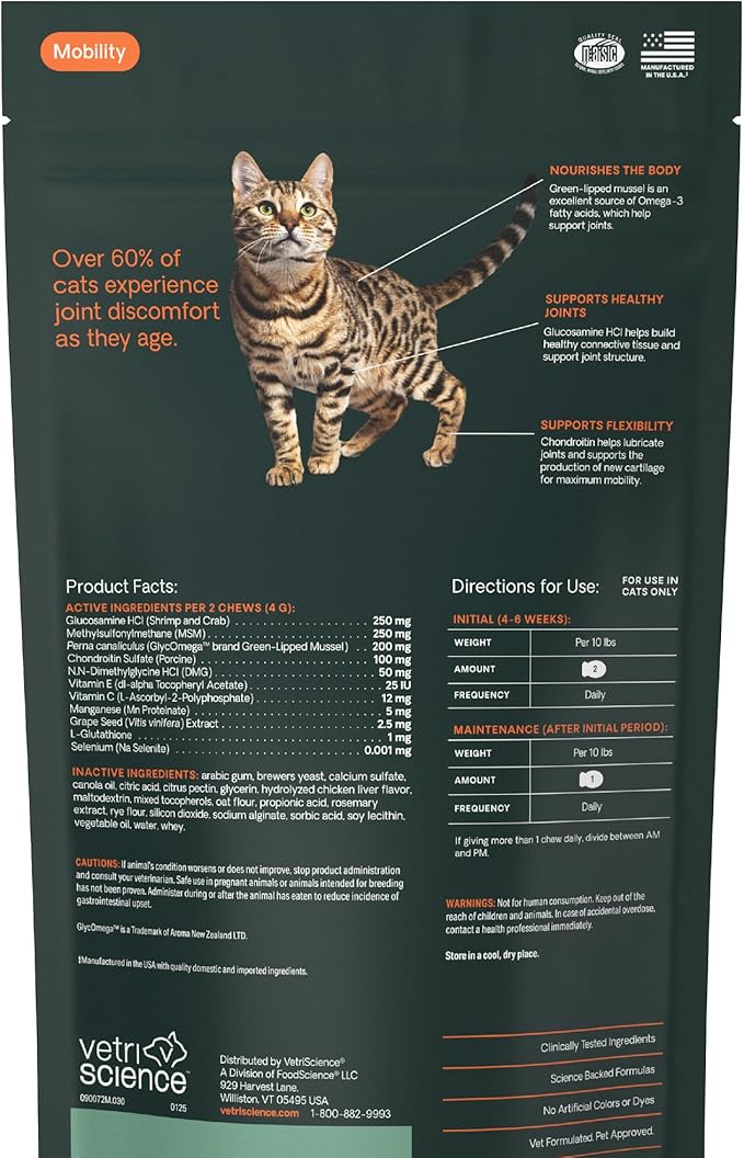 VetriScience Ultimate Strength Healthy Hip & Joint Chews, GlycoFlex Glucosamine, Chondroitin and Green-Lipped Mussel Joint Supplement for Cats, Soothe Joint Discomfort, Chicken, 30 Count