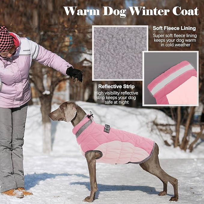 Lelepet Dog Coat Warm Dog Winter Coat Waterproof Dogs Jacket with Harness Built in Reflective Pet Fleece Vest Zip-Up Cold Weather Coats for Medium Dogs Turtleneck & Windproof Coats Dachshund Pink M