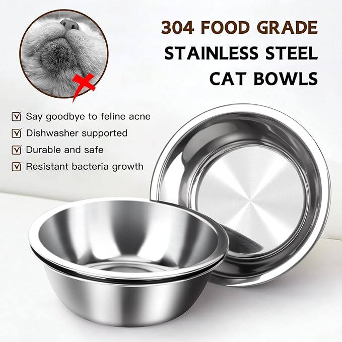 Bamboo Elevated Cat Bowls, 3 Stainless Steel Raised Cat Bowl with Stand, 15°Tilted Cat Feeding Station, Cat Food and Water Bowl Set for Small Cats and Puppy, Anti Vomitting, Whisker Fatigue (Black)