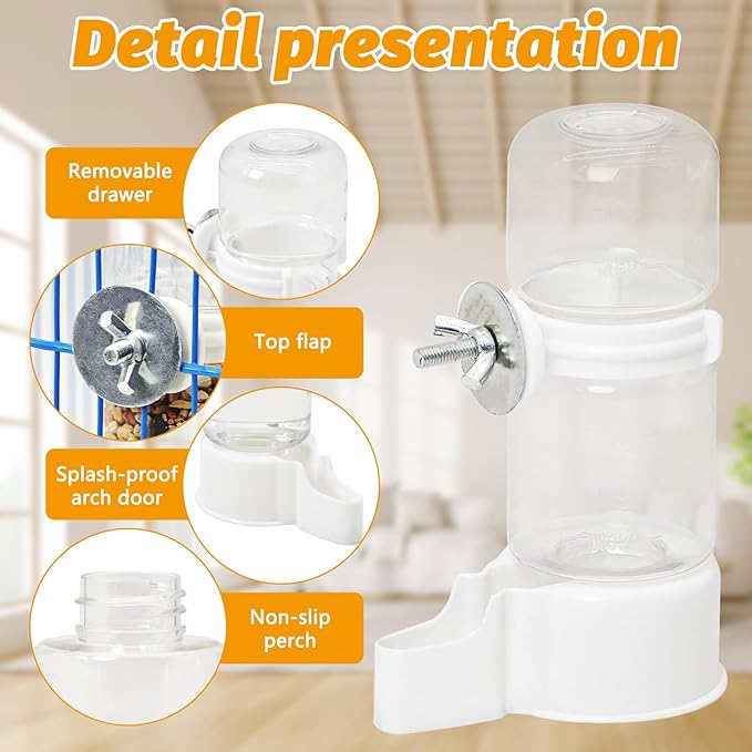 BNOSDM Automatic Bird Water Dispenser 2 Pcs No Mess Parrot Cage Water Feeder Drinker Suspended Bird Drinking Device Parakeet Cage Accessories for Budgies, Cockatiel, Conure, Canary, Finch (White)