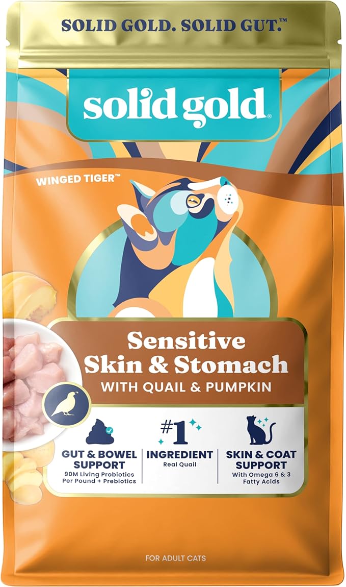 Solid Gold Sensitive Stomach Dry Cat Food - Grain Free & Gluten Free Sensitive Stomach Cat Food for Indoor Adult & Senior Cats - Dry Kibble for Cats w/Quail, Pumpkin & Probiotics for Gut Health - 3lb