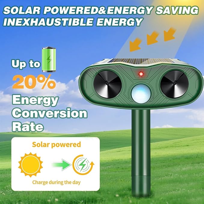 2025 Solar Ultrasonic Animal Repellent Sonic Fortress Pro Raccoon Repellent Cat Repeller Deer Deterrent with Motion Sensor to Keep Squirrel Rabbit Dog Skunk Out of Garden Yard(4Pack)
