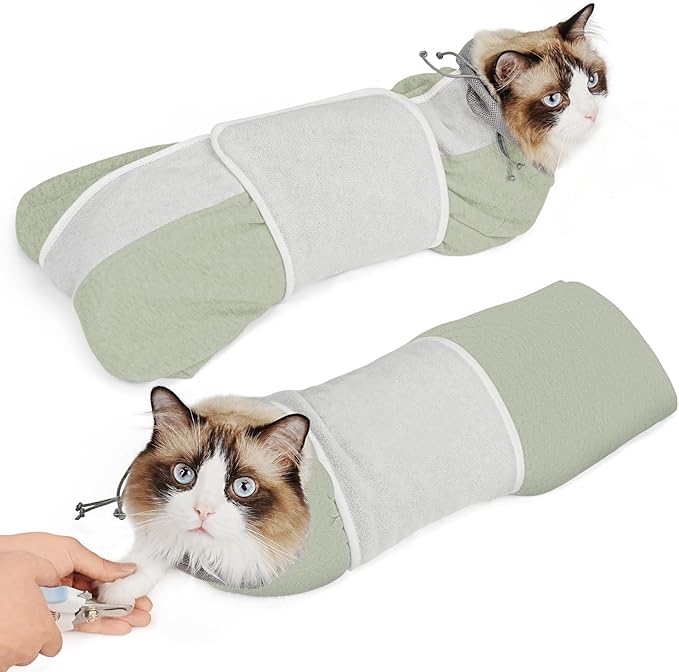Supet Cat Grooming Wrap for Cutting Nails, Self-Adhesive Anti-Scratch Swaddle with Bite-Proof Mesh Hood & Thick Waist Strap Anti-Escape Bag for Nail Trimming, Medication, Ear Cleaning (Green M)