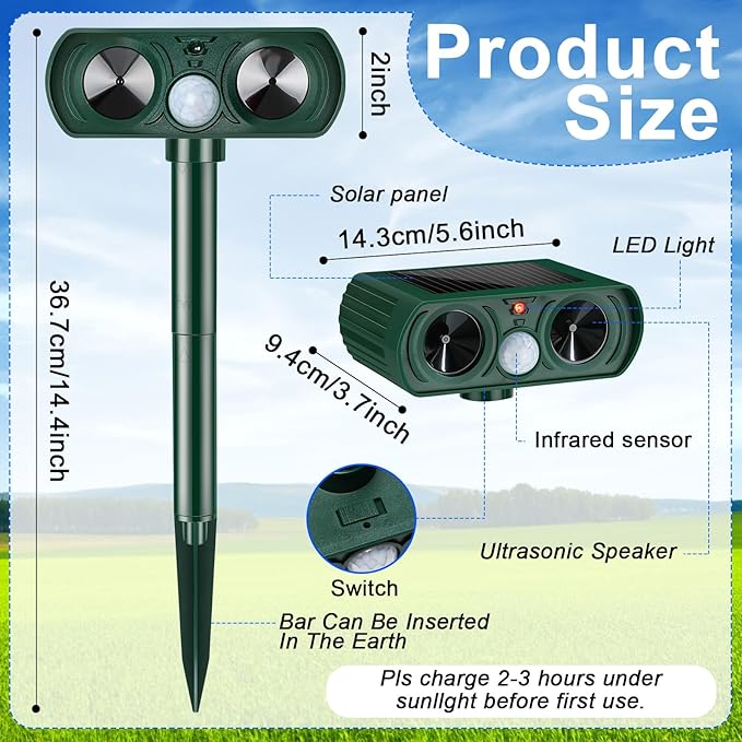 Qualirey 4 Pcs Ultrasonic Animal Repellent Outdoor Solar Powered Pest Repeller Motion Activated Cat Dog Deterrent Waterproof Motion Sensor for Squirrels Raccoon Rabbit Fox, Garden Yard Farm