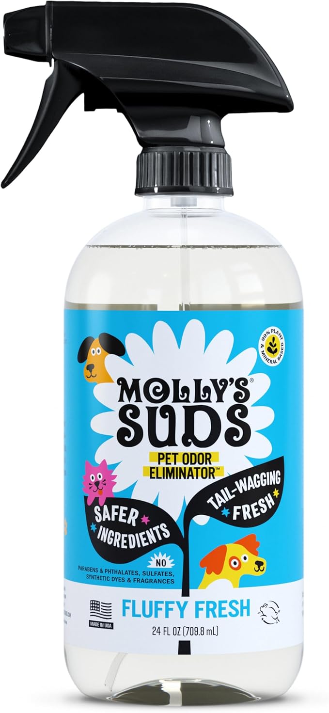 Molly's Suds Pet Odor Eliminator Spray for Dog and Cat Urine, Carpet Stains, and Strong Smells – Cleaner with Essential Oils (Furry Fresh, 24 Fl Oz)