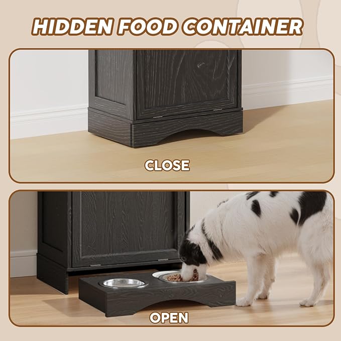 FIMELLO 13 Gallons Dog Feeding Station, Tilt-Out Dog Food Storage Cabinet with Drawer,Pet Feeder Cabinet,Black Oak