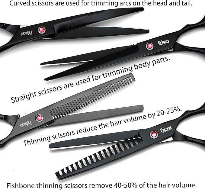 Professional Dog Grooming Scissors 4-Piece Set - Straight, Thinning, Curved Shears for Pets with Non-Slip Handles, Sharp Convex Blades & Travel Case (Black)