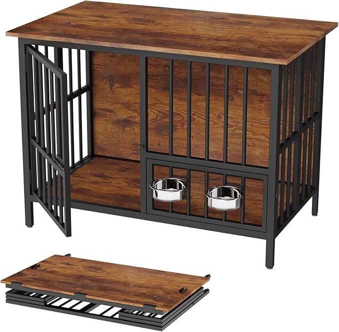 41.5" Dog Crate Furniture, Assembly-Free Dog Crates for Large and Medium Dogs, Foldable Dog Kennel Indoor with Adjustable Dog Bowls, Wooden Dog Cage Use as End Table, Pet House for Decorative Indoor