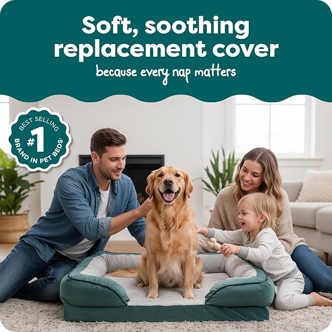 FurHaven Dog Bed Cover Replacement, Sofa-Style Design with Soft, Breathable Fabric for Cozy Comfort, Machine Washable, Jumbo XL, Plush & Velvet Waves, Celadon Green