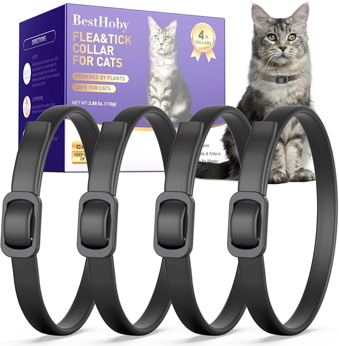 Flea and Tick Collar for Cats (4 Pack), Plant-Powered with Natural Essential Oils, Water-Resistant, Adjustable for All Cats & Kittens (Black)