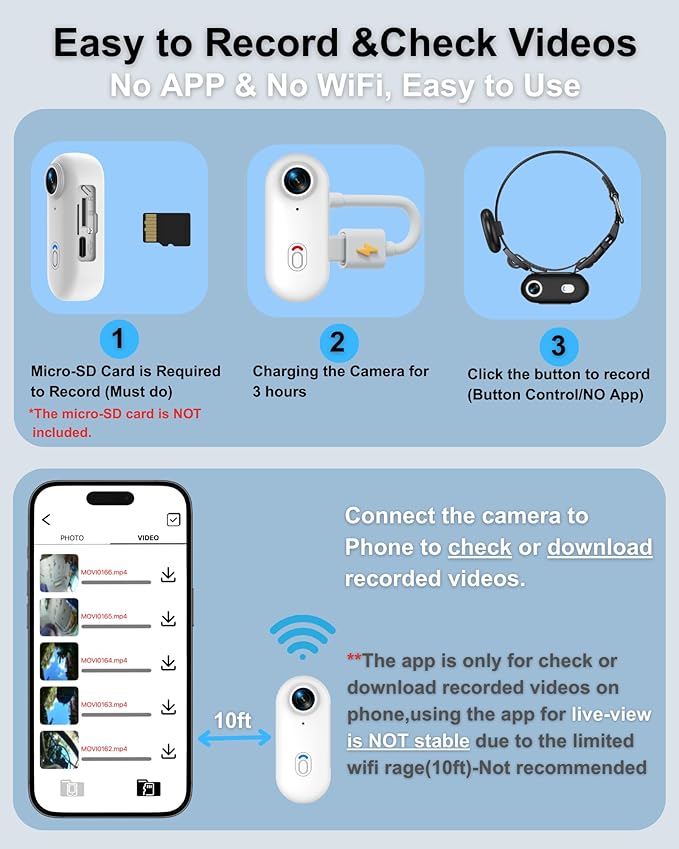 Cat & Dog Camera Collar with Phone APP, 1080P HD Video Recording Pet Camera Collar – Lightweight Pet POV Cam for Curious Cats & Adventurous Pups (XS-with Tracker)