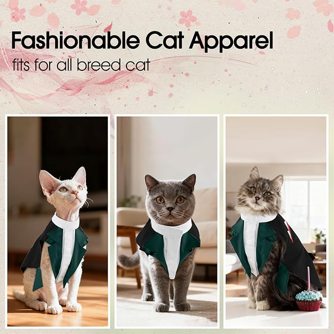 DENTRUN Cat Tuxedo Outfit Formal Suit with Shirt, Fancy Pet Tuxedo Vest for Hairless & Furry Cats, Kitten Wedding Attire Birthday Party Costume Clothes for Cats Only, XS-XXL