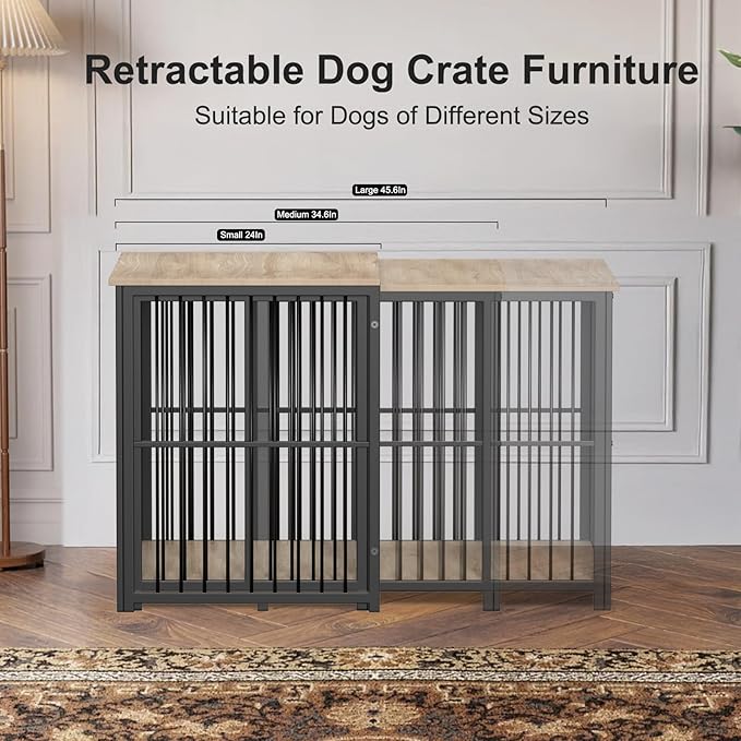 Erinnyees 45.6" Dog Crate Furniture, Wooden Dog Kennel with Retractable Design for Small Medium Large Dogs, Heavy-Duty Side Table Style Indoor Dog Cage with Cushion, 24–45.6 Inch