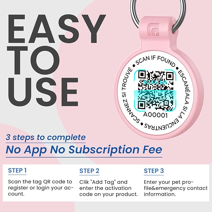 Silicone Cat Tags Personalized Small for Pet Collars, QR Code Cat Name Tags, Scan Location Alerts, Pink S