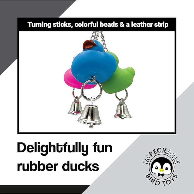 922 Rainbow Duck Ringer Bird Toy 8" - Handcrafted Hanging Rubber Ducky Cage Accessory with Bells for Budgies, Conures Lovebirds & Cockatiels - Interactive Sensory Play & Foraging Fun for Small Parrots