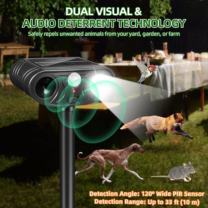 2026 Upgraded Solar Ultrasonic Animal Repellent Deer Cat Squirrel Deterrent Devices Motion Activated with LED Strobe Light Repeller Keep Dog Raccoon Skunk Rabbit Away from Yard Garden Farm 4 Pack