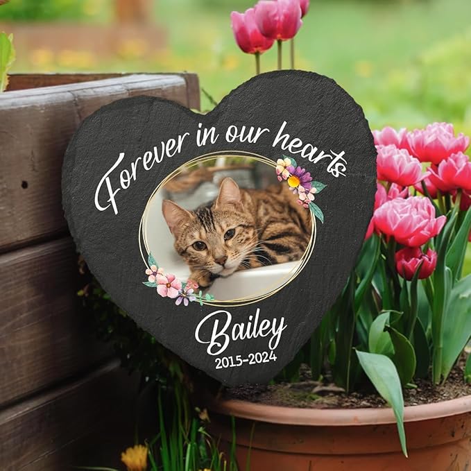 DOPTIKA Forever in Our Hearts, Cat Memorial Gifts for Loss of Cat, Personalized Cat Memorial Stones with Photo, Pet Memorial Stone for Cats, Pet Sympathy Gift, Bereavement Gifts for Loss of Pet