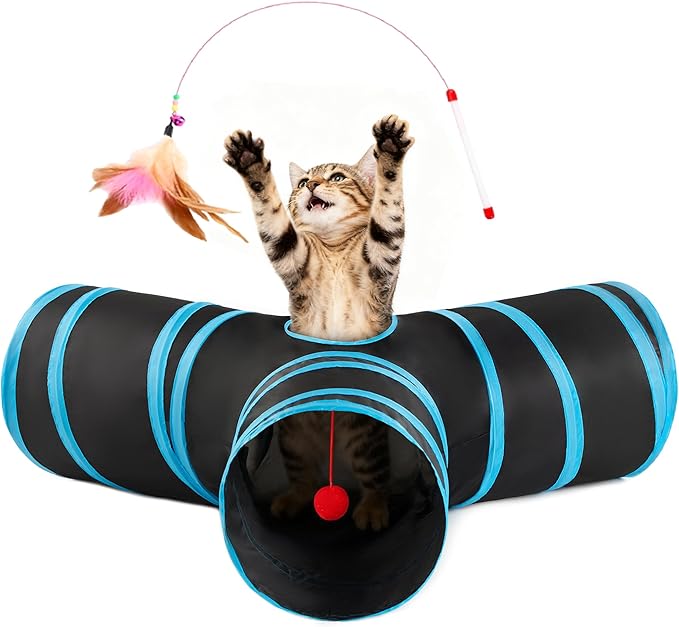 Love’s Cabin Cat Tunnel for Indoor Cats, 3-Way Collapsible Play Tunnel with Teaser Wand, Peek Holes & Toy Ball, Small Pet Toy for Kittens & Rabbits, Black & Blue, Medium Size