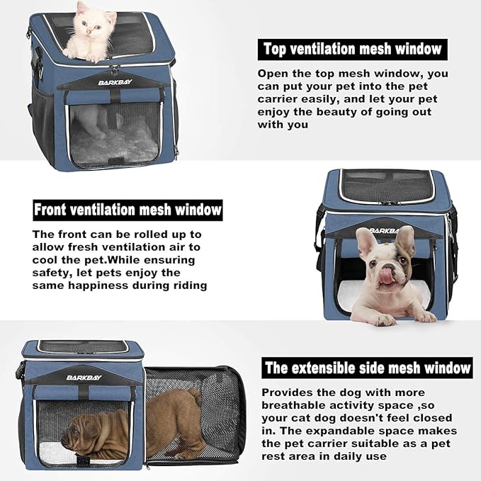 Dog Bike Basket Carrier, Expandable Foldable Soft-Sided Dog Carrier, 2 Open Doors, 5 Reflective Tapes, Pet Travel Bag,Dog Backpack Carrier Safe and Easy for Small Medium Cats and Dogs(Blue)