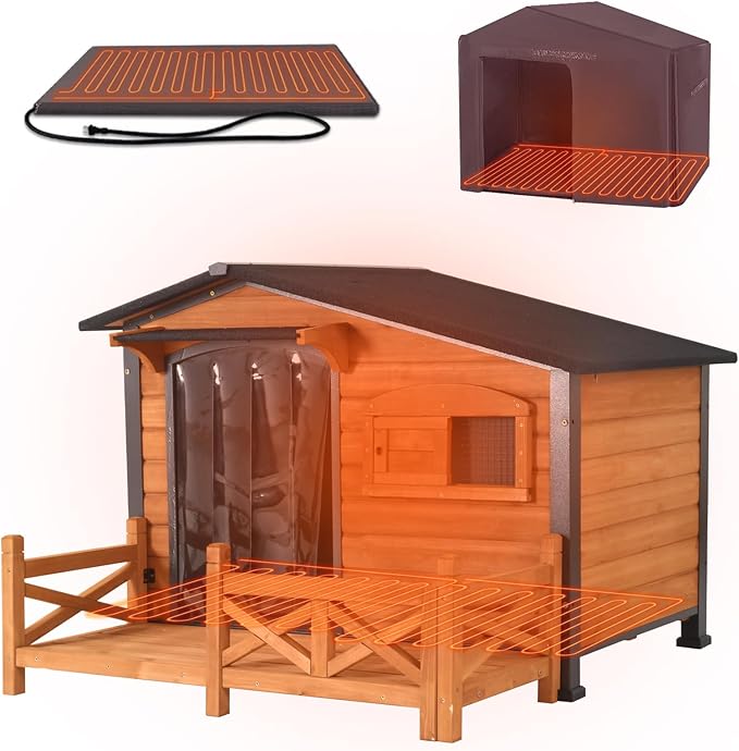 GUTINNEEN 44.6" L Extra Large Heated Dog House Outdoor Insulated Winter Dog Kennel with Thermostat-Controlled Heating Pad, Chew-Proof Metal Frame and 6-Sided Insulated Liner for Medium Dogs, Brown