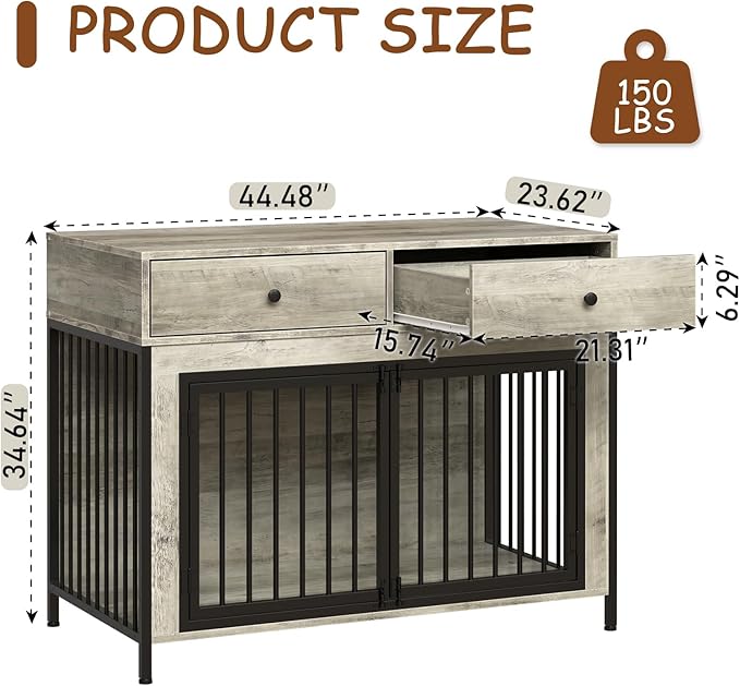 PUKAMI 44inch Large Dog Crate Furniture with Drawers, Wooden Dog Kennel Furniture for Indoor use, Grey End Table Dog House, for Small/Medium/Large Dog