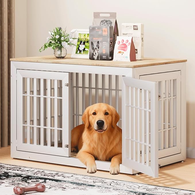 48" Heavy Duty Dog Crate Furniture for Small,Medium and Large Dogs,Rustic Wooden Dog Cage Kennel Indoor Furniture with Waterproof Top,Decorative Pet House Side End Table (White & Wood)